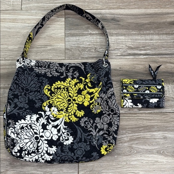 Vera Bradley Black, Grey, White and Yellow Floral Shoulder Bag and Wallet - Picture 1 of 13